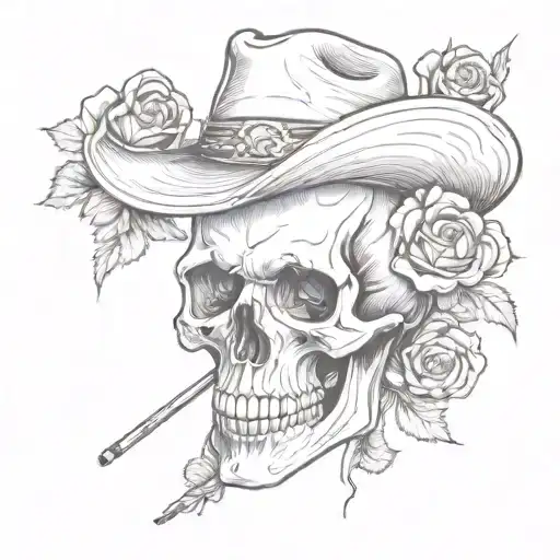 skull wearing a cowboy hat smoking a cigarette surrounded by roses tattoo design idea