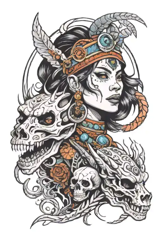 shaman woman wearing skull dragon pet dog tattoo design idea