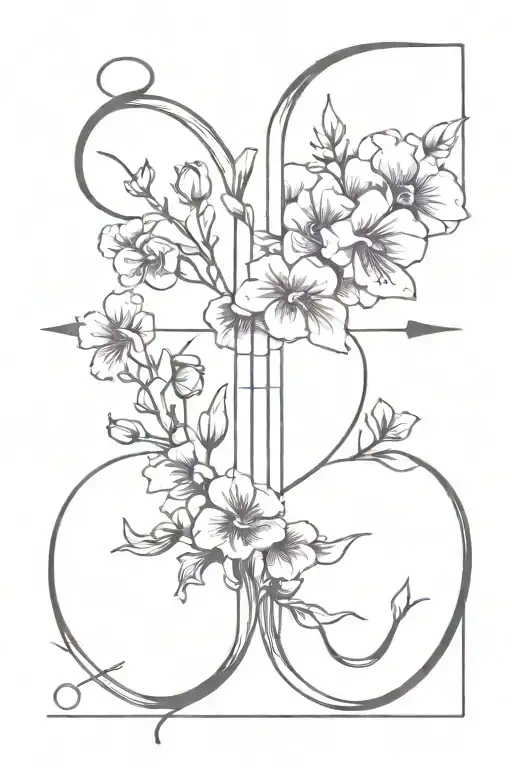 bow and arrow surrounded by violets tattoo design idea
