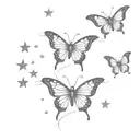 3 butterflies, one with wings opened, one with wings closed and one with wings half opened. stars around the butterflies tattoo design idea