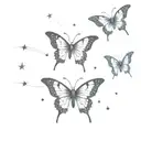 3 butterflies, one with wings opened, one with wings closed and one with wings half opened. stars around the butterflies tattoo design idea