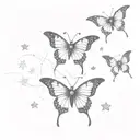 3 butterflies, one with wings opened, one with wings closed and one with wings half opened. stars around the butterflies tattoo design idea