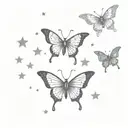 3 butterflies, one with wings opened, one with wings closed and one with wings half opened. stars around the butterflies tattoo design idea