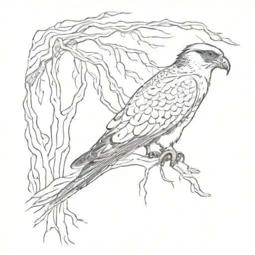  peregrine falcon head faded into a mountain landskape large tree right side with a large hole in  tattoo design idea