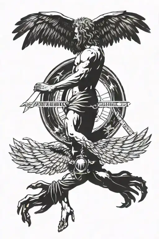 Back tattoo of icarus flying at the top of the back and the text memento mori down the spine tattoo design idea