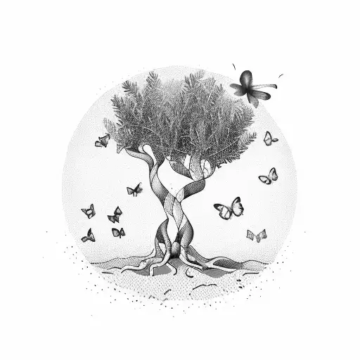 Olive tree with many branches and a butterfly tattoo design idea