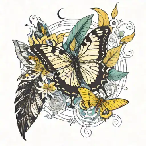 Yellow jasmine flower, leaf in center, surrounded by feathers, a swallowtail butterfly, leading to water symbols, sun tattoo design idea