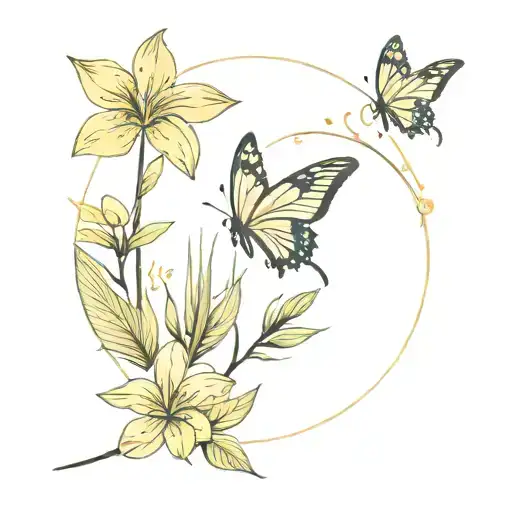 Yellow jasmine flower, leaf in center, surrounded by feathers, a swallowtail butterfly, palm leaf, water symbols, sun tattoo design idea