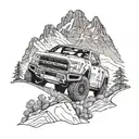 Ford Raptor silhouette driving through a rugged mountain terrain tattoo design idea