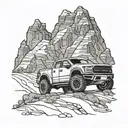 Ford Raptor silhouette driving through a rugged mountain terrain tattoo design idea