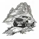 Ford Raptor silhouette driving through a rugged mountain terrain tattoo design idea