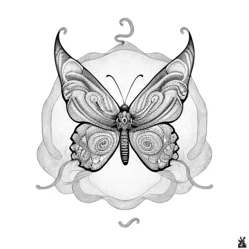 Butterfly and snake entwined in a crochet mandala tattoo design idea