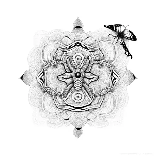 Butterfly and snake entwined in a crochet mandala tattoo design idea