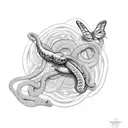 Butterfly and snake entwined in a crochet mandala tattoo design idea