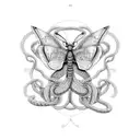 Butterfly and snake entwined in a crochet mandala tattoo design idea