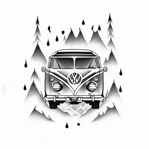 oldtimer vw t25 camper with camping fire and gear and al little cat tattoo design idea