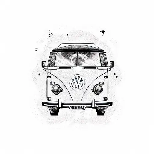 oldtimer vw t25 camper with camping fire and gear and al little cat tattoo design idea