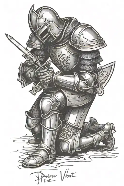 knight kneeling with the phrase dues vult  tattoo design idea