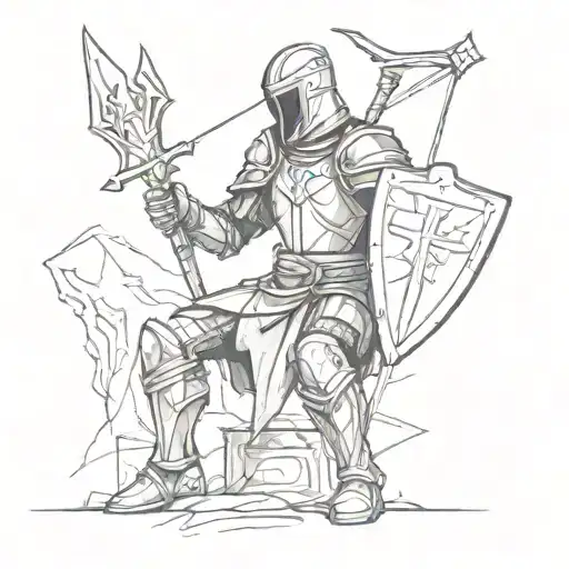 a knight with arrows in his back, kneeling on the ground with his sword and a shield with a cross in it tattoo design idea