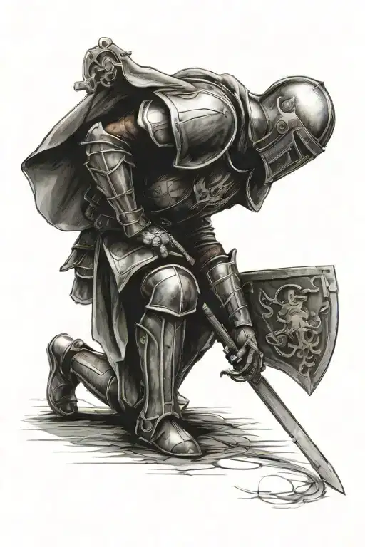a Roman Catholic knight kneeling down facing forward tattoo design idea