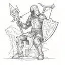 a knight with arrows in his back, kneeling on the ground with his sword and a shield with a cross in it tattoo design idea