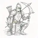 a knight with arrows in his back, kneeling on the ground with his sword and a shield with a cross in it tattoo design idea