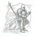 a knight with arrows in his back, kneeling on the ground with his sword and a shield with a cross in it tattoo design idea