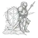 a knight with arrows in his back, kneeling on the ground with his sword and a shield with a cross in it tattoo design idea