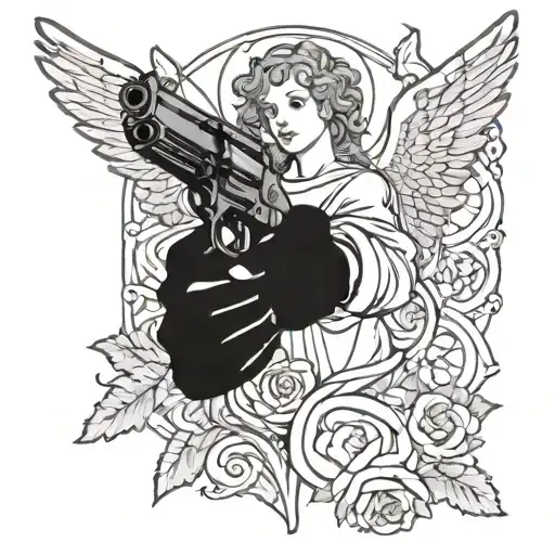 angel holding revolver gun tattoo design idea