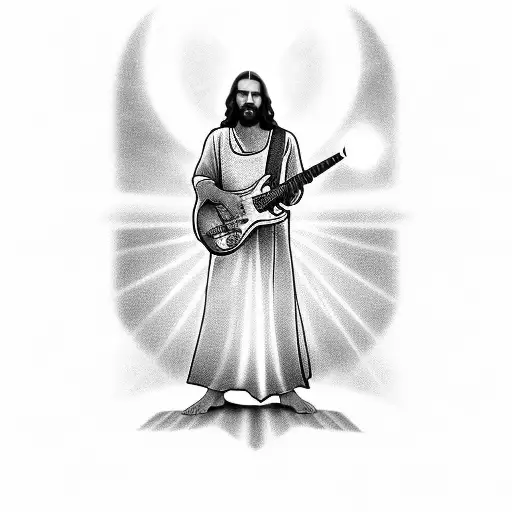 Jesus playing a guitar with rays of light radiating from the instrument tattoo design idea