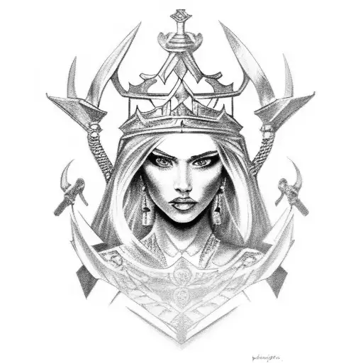 A fierce Goddess of Strength with a crown and armor, symbolizing empowerment tattoo design idea