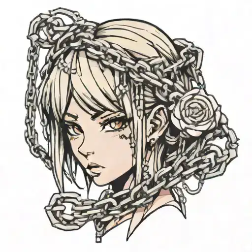 mace in the shape of an anime girl's head with chains tattoo design idea