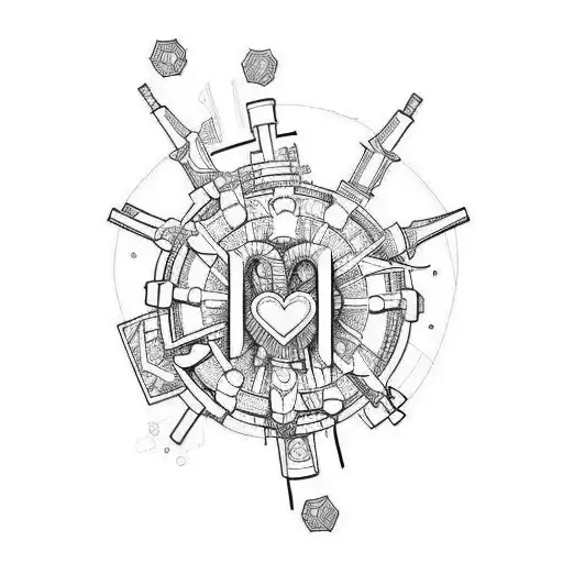 heart, clock and gear enclosed by chains tattoo design idea