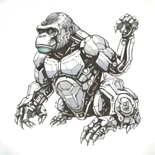 Create a futuristic robotic gorilla with mechanical elements inspired by motor racing aesthetics tattoo design idea