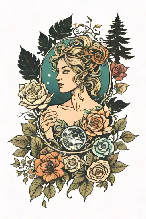 a full hand tattoo of Mother Earth and below that a forest story of nature and animals till wrist tattoo design idea