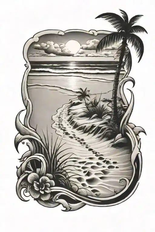 black and grey tattoo, beach location, footprints in the sand  tattoo design idea