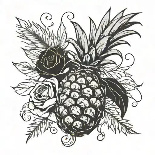 A pineapple and rose intertwined to represent love and passion tattoo design idea