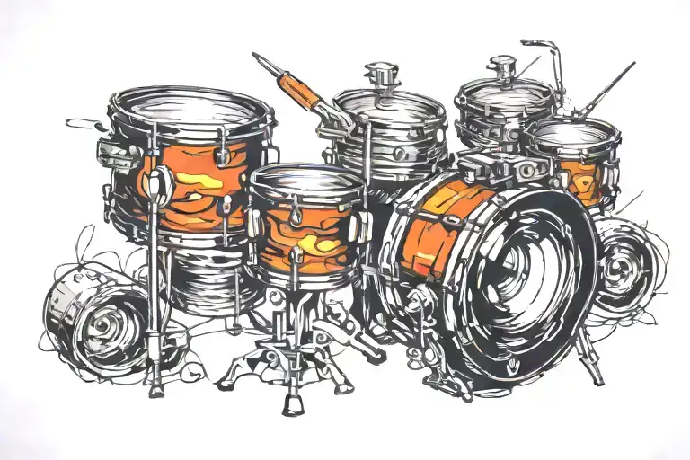 A camera lens morphing into a drum set tattoo design idea