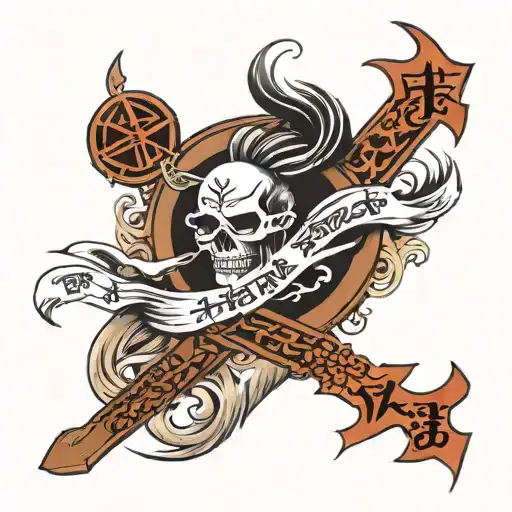 Japanese Kanji peace, heaven, and death bicep wrap tattoo design idea