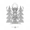 Durga devi with temple background in himayalas tattoo design idea