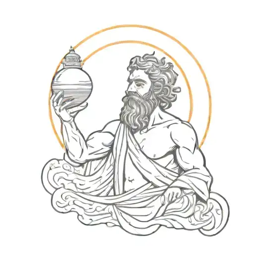 Greek god with a beard holds the sun with rays in his hands and examines it tattoo design idea