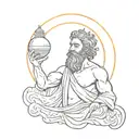 Greek god with a beard holds the sun with rays in his hands and examines it tattoo design idea