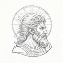 Greek god with a beard holds the sun with rays in his hands and examines it tattoo design idea