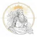 Greek god with a beard holds the sun with rays in his hands and examines it tattoo design idea