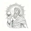 Greek god with a beard holds the sun with rays in his hands and examines it tattoo design idea
