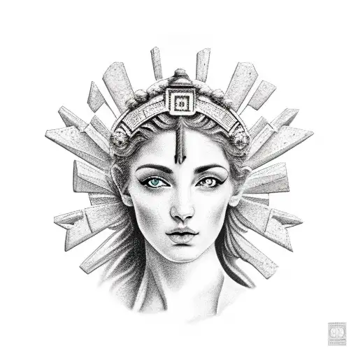 greek goddess face with ancient greek building in background tattoo design idea