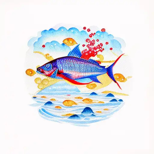 A watercolor painting of a vibrant red fish swimming alongside a serene blue fish tattoo design idea