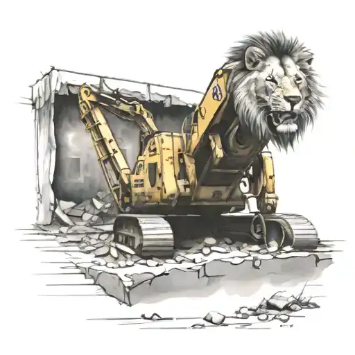 An excavator digging up a stage with a lion roaring on top tattoo design idea