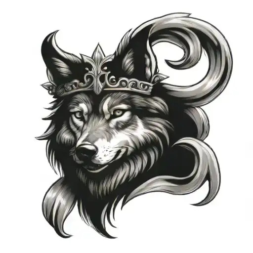 wolf with serious king's crown tattoo design idea