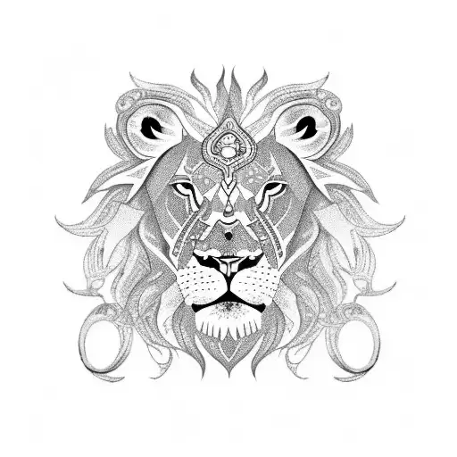 A lion's face adorned with intricate patterns inspired by biblical scriptures tattoo design idea